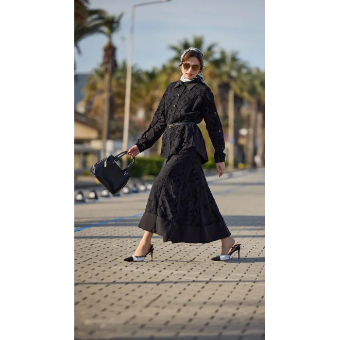 Misswhence Güpür Detaylı Etek Takım 39306 siyah