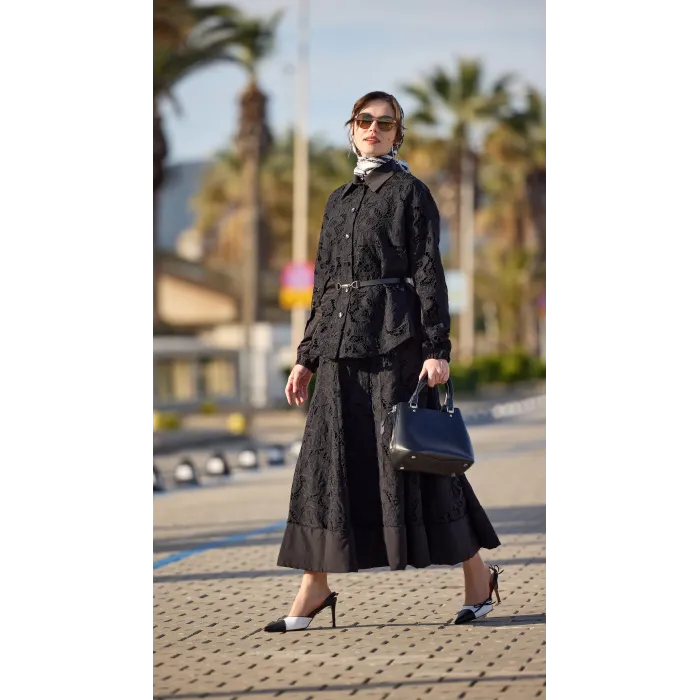 Misswhence Güpür Detaylı Etek Takım 39306 siyah