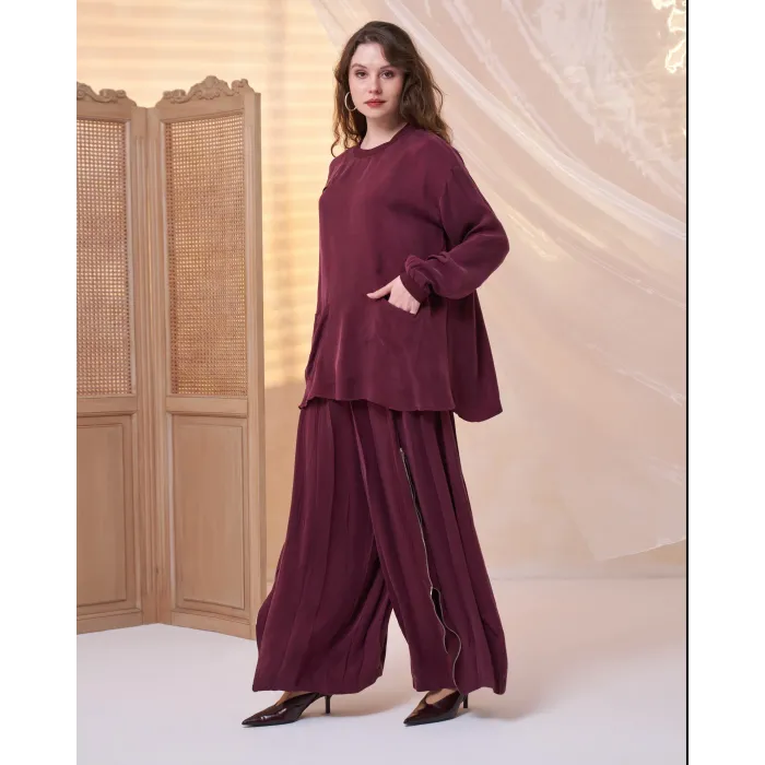 Misswhence İçi Pantolonlu Cupra İpek Tunik Şalvar Takım 39004 bordo