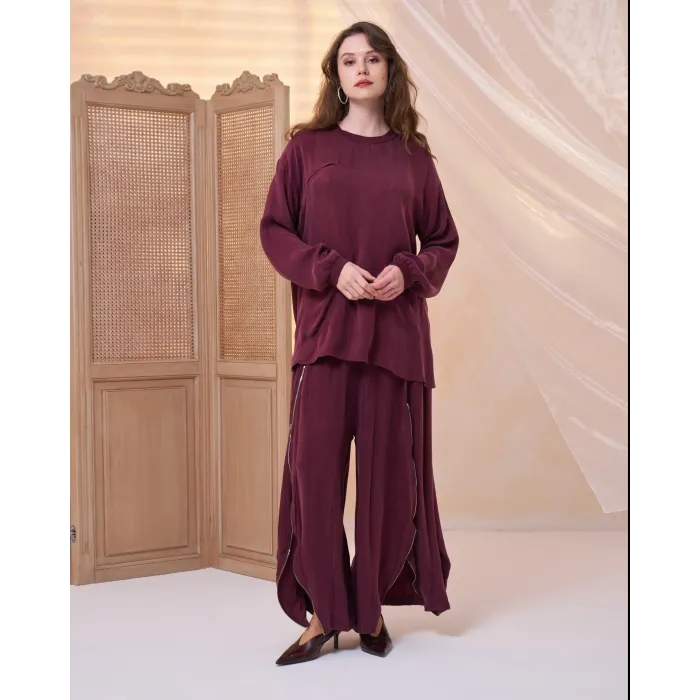 Misswhence İçi Pantolonlu Cupra İpek Tunik Şalvar Takım 39004 bordo