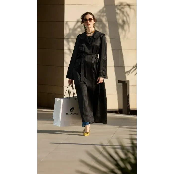 Misswhence Cep Detaylı Kapüşonlu Chanel Keten Pardesü 39504 SİYAH