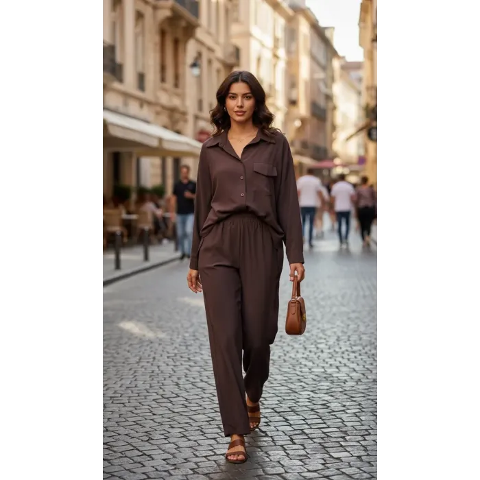 Nuss 1063 Tek Cep Kapak Detaylı Basic Pantolonlu Takım -KAHVE