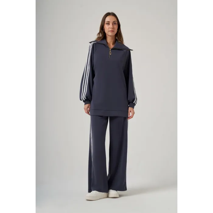 Nuss 1093 Gemici Yaka Şerit Detay Pantolonlu Takım - Lacivert