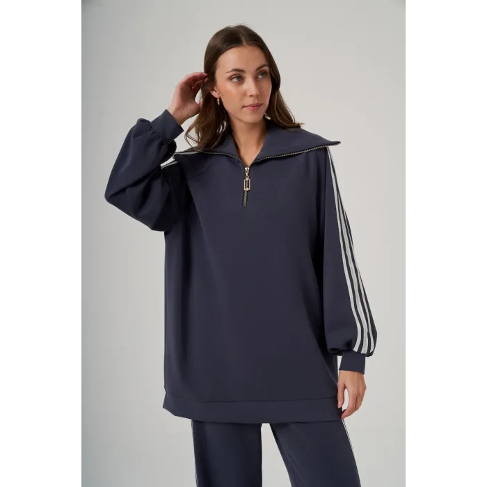 Nuss 1093 Gemici Yaka Şerit Detay Pantolonlu Takım - Lacivert