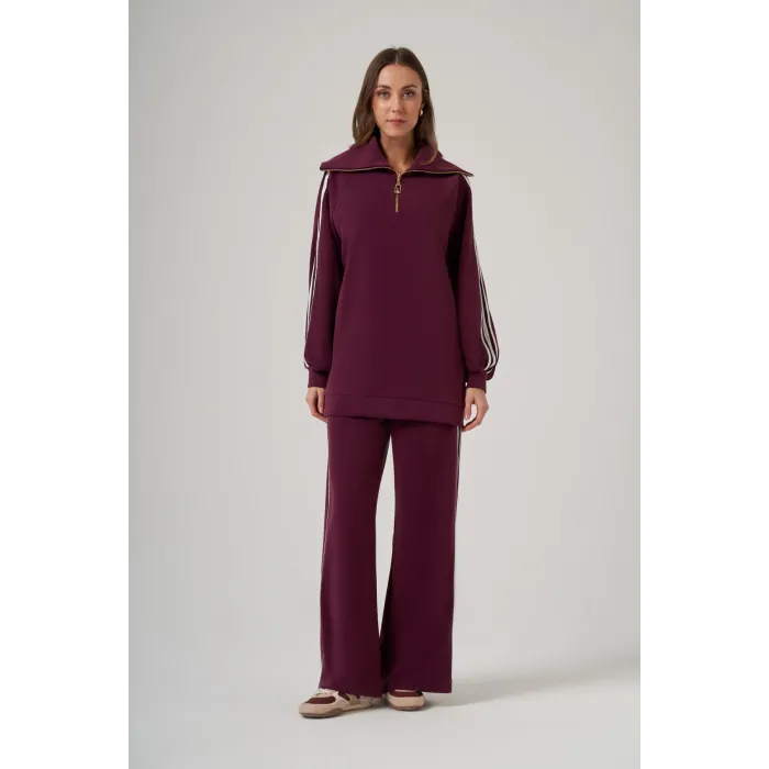 Nuss 1093 Şerit Desenli Pantolonlu Takım - mürdum