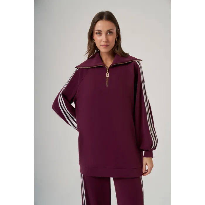 Nuss 1093 Şerit Desenli Pantolonlu Takım - mürdum