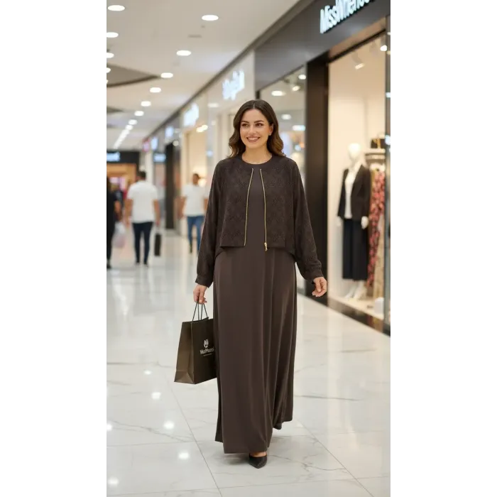 NUSS İpek Cupra Ceketli Uzun Tasarım Elbise 2031 kahve