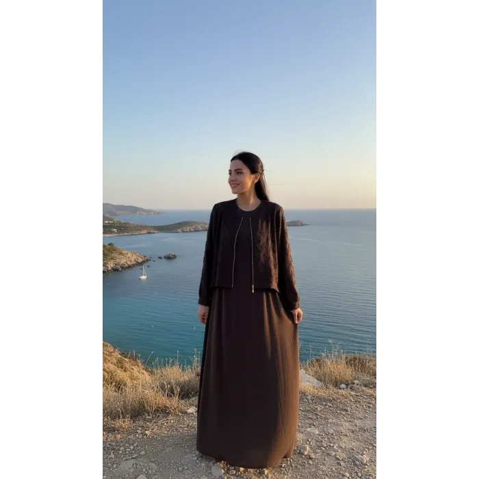 NUSS İpek Cupra Ceketli Uzun Tasarım Elbise 2031 kahve