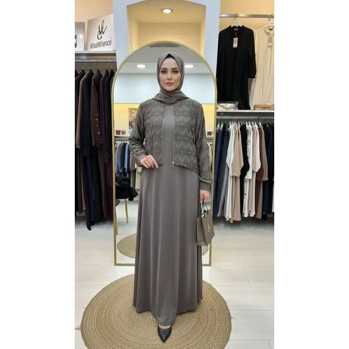 NUSS İpek Cupra Ceketli Uzun Tasarım Elbise 2031 Vizon