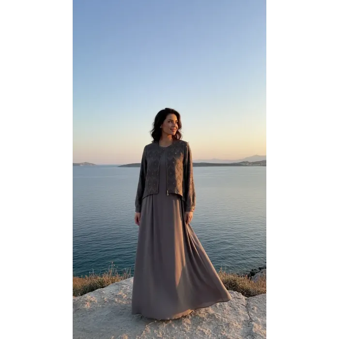 NUSS İpek Cupra Ceketli Uzun Tasarım Elbise 2031 Vizon