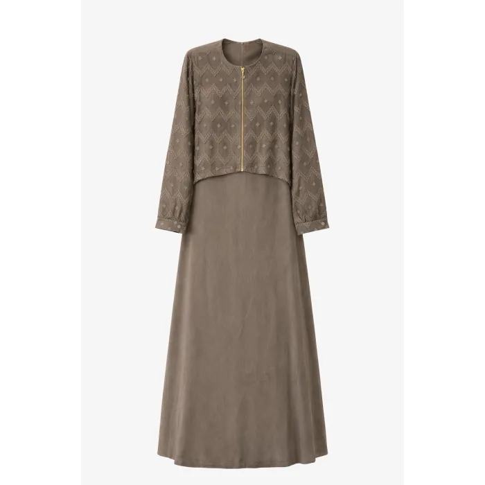 NUSS İpek Cupra Ceketli Uzun Tasarım Elbise 2031 Vizon