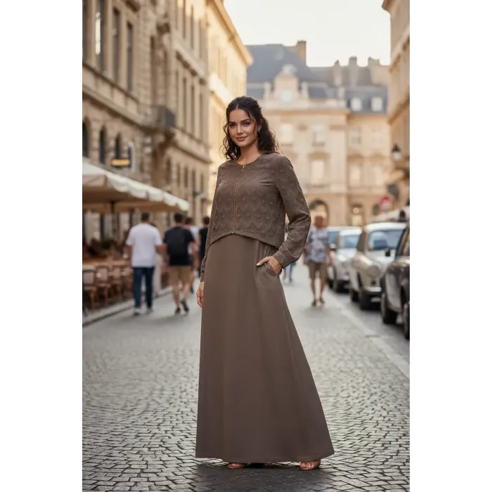 NUSS İpek Cupra Ceketli Uzun Tasarım Elbise 2031 Vizon