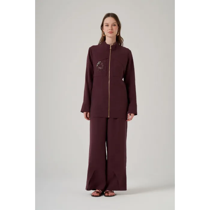 Nuss 1054 Cep Taş İşlemeli Pantolonlu Takım - Mürdüm