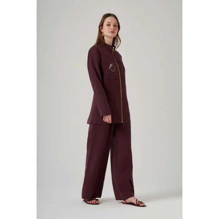 Nuss 1054 Cep Taş İşlemeli Pantolonlu Takım - Mürdüm