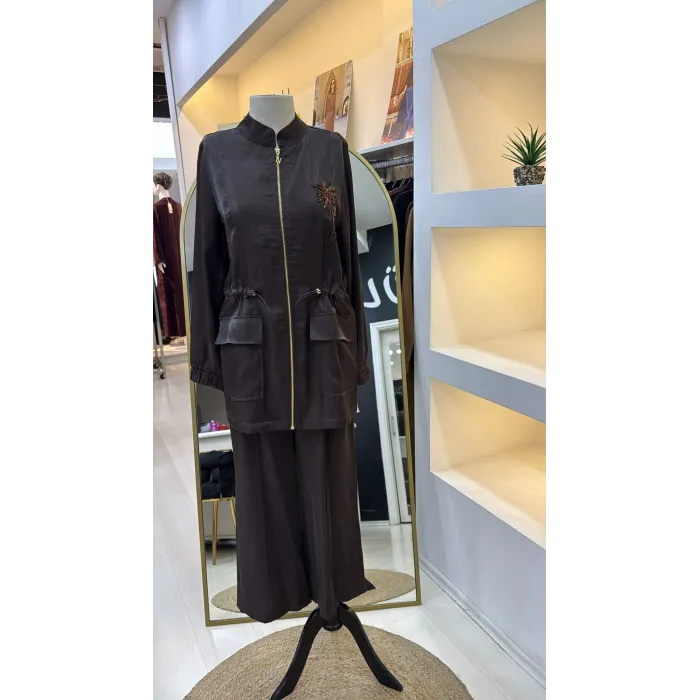 Nuss 1032 Çiçeklei Boncuk İşlemeli Pantolonlu Takım - BİTTER