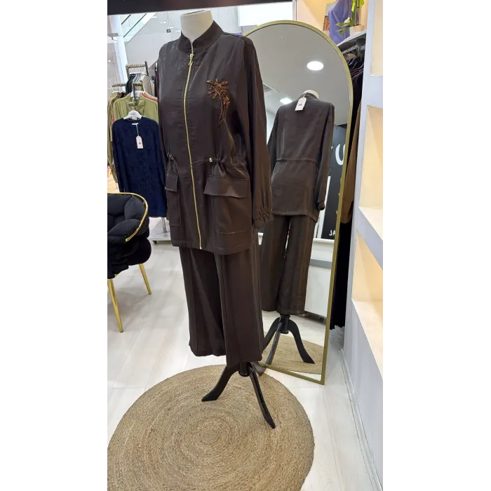 Nuss 1032 Çiçeklei Boncuk İşlemeli Pantolonlu Takım - BİTTER