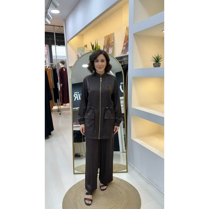 Nuss 1032 Çiçeklei Boncuk İşlemeli Pantolonlu Takım - BİTTER