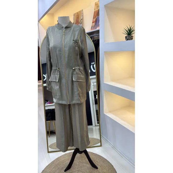 Nuss 1032 Çiçeklei Boncuk İşlemeli Pantolonlu Takım - KÜF