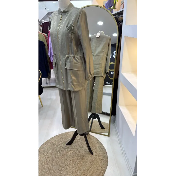 Nuss 1032 Çiçeklei Boncuk İşlemeli Pantolonlu Takım - KÜF