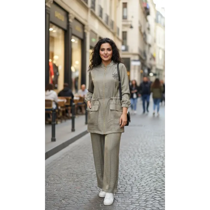 Nuss 1032 Çiçeklei Boncuk İşlemeli Pantolonlu Takım - KÜF