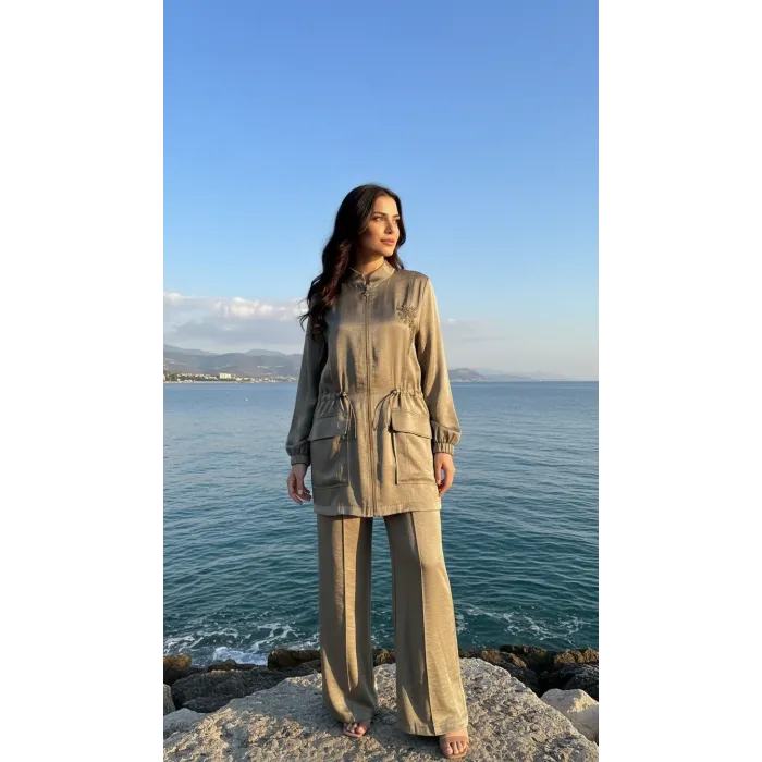 Nuss 1032 Çiçeklei Boncuk İşlemeli Pantolonlu Takım - KÜF