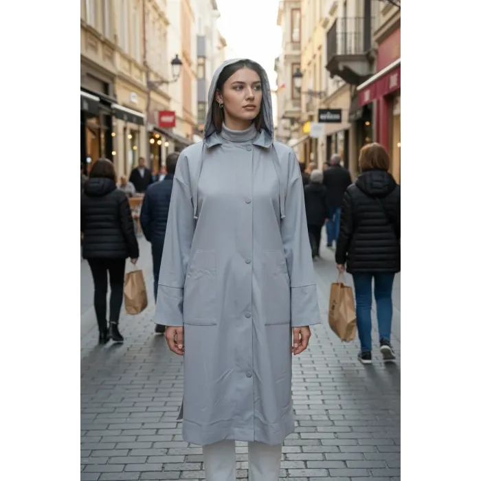 İnvee 6714 Kapüşonlu Uzun Kap - gri