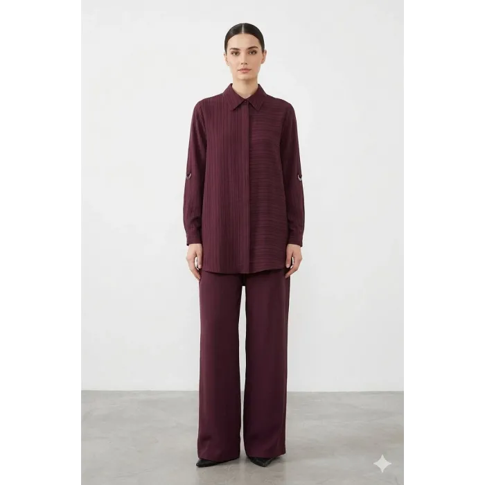 Nuss 1055 Kendinden Çizgili Pantolonlu Takım - Mürdüm