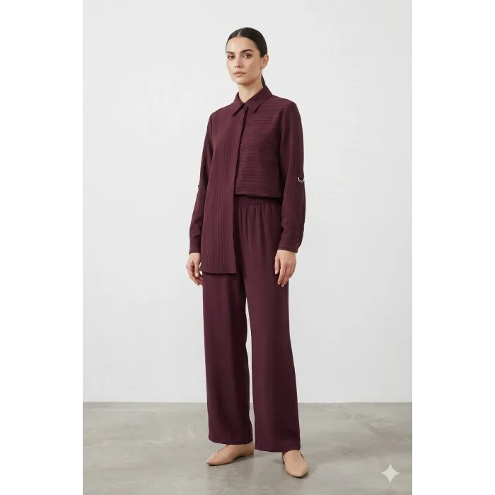 Nuss 1055 Kendinden Çizgili Pantolonlu Takım - Mürdüm