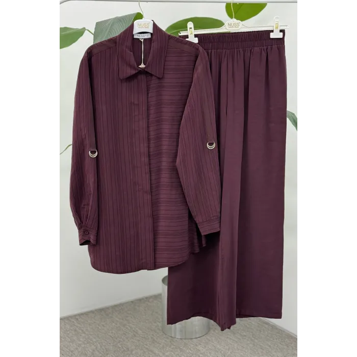 Nuss 1055 Kendinden Çizgili Pantolonlu Takım - Mürdüm
