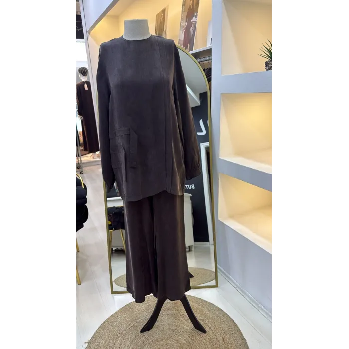 Nuss 1039 Cupra ipek Pantolonlu Takım -kahve