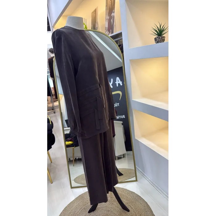 Nuss 1039 Cupra ipek Pantolonlu Takım -kahve