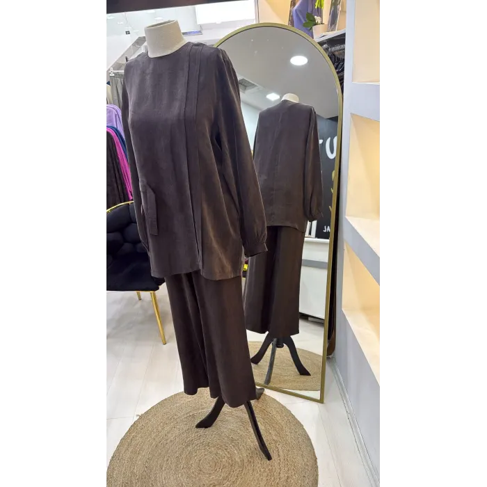 Nuss 1039 Cupra ipek Pantolonlu Takım -kahve