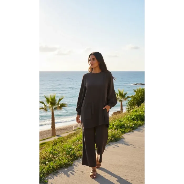 Nuss 1039 Cupra ipek Pantolonlu Takım -kahve