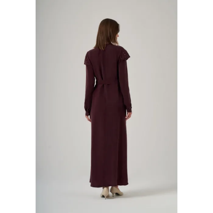 Nuss 2043 Omuz Taş İşlemeli Qupra Elbise - Mürdüm