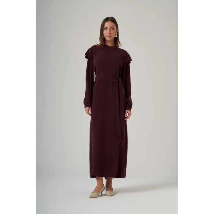 Nuss 2043 Omuz Taş İşlemeli Qupra Elbise - Mürdüm