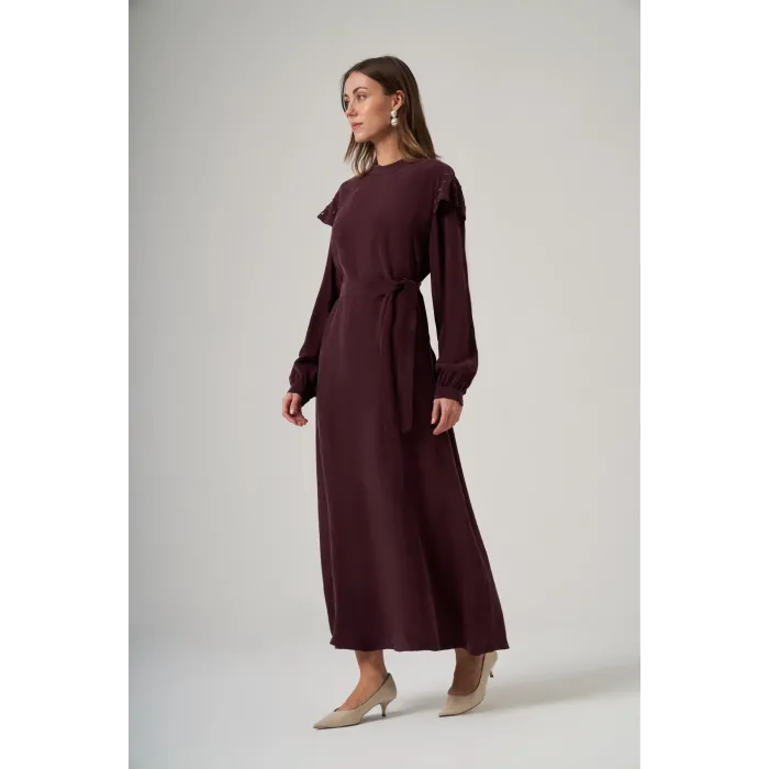 Nuss 2043 Omuz Taş İşlemeli Qupra Elbise - Mürdüm