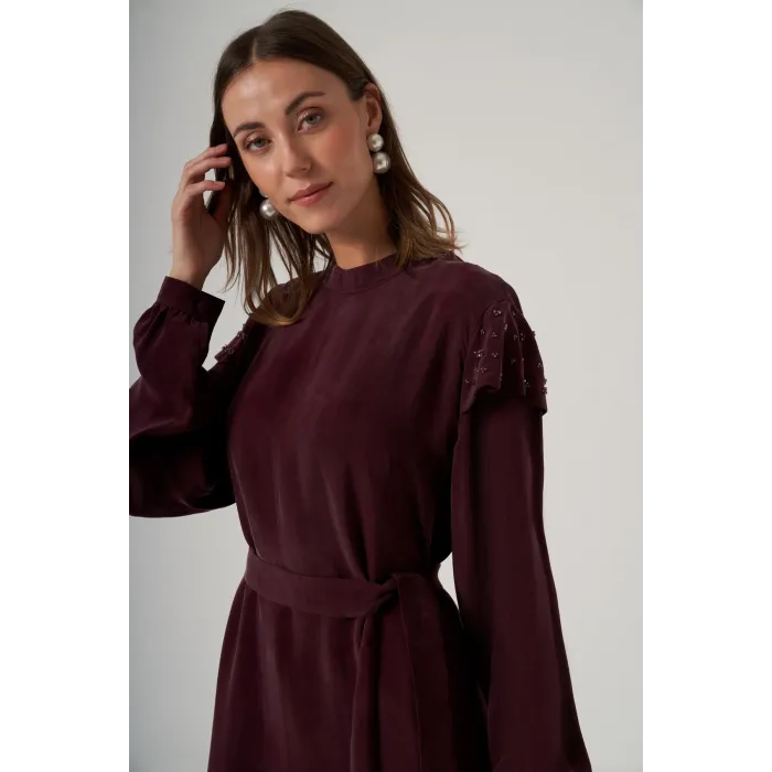 Nuss 2043 Omuz Taş İşlemeli Qupra Elbise - Mürdüm