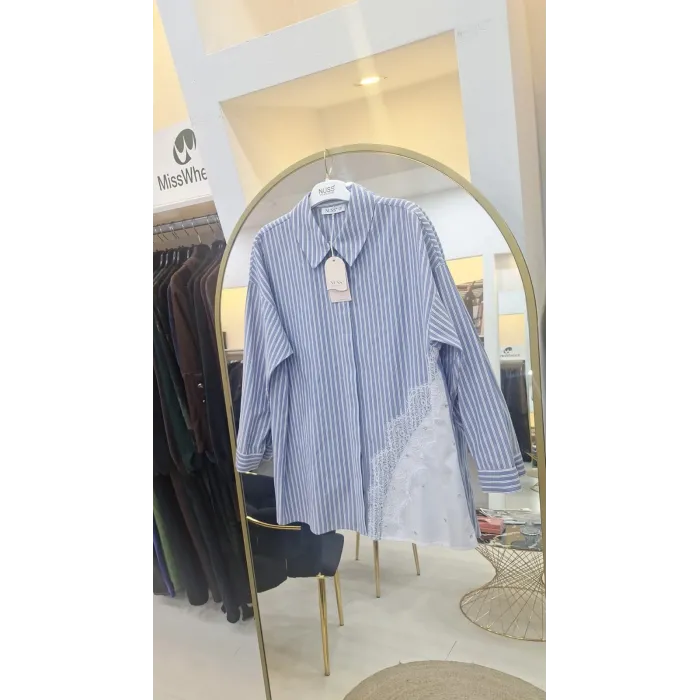 Nuss 3007 Dantel Detay Düğmeil Tunik - mavi