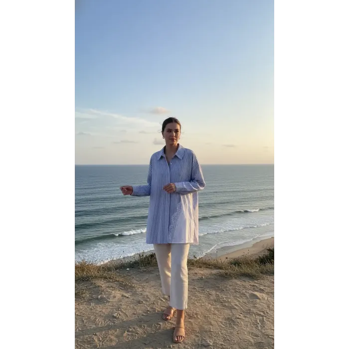 Nuss 3007 Dantel Detay Düğmeil Tunik - mavi