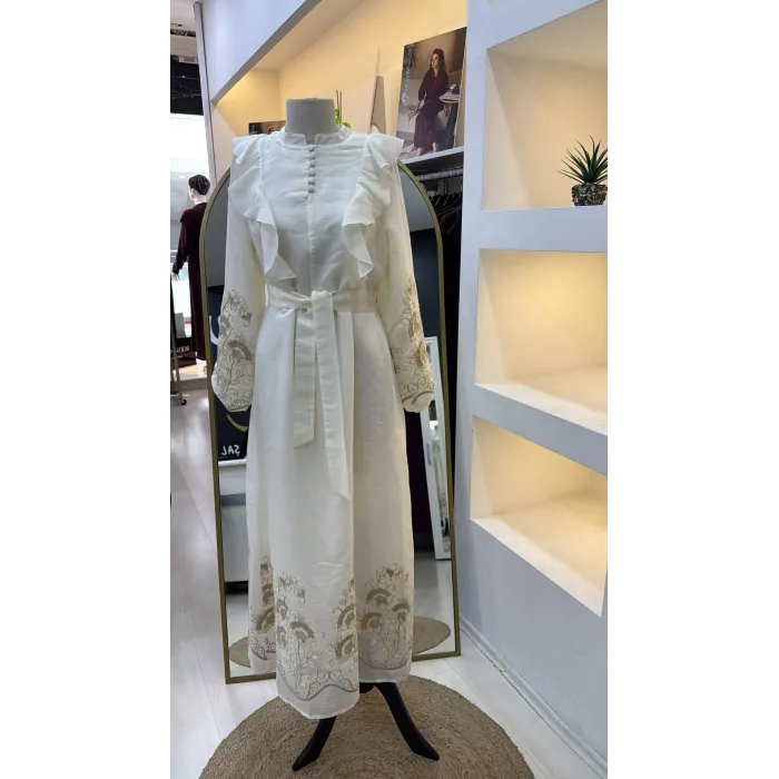 NUSS 2053 NAKİŞ DETAY ELBİSE- KREM