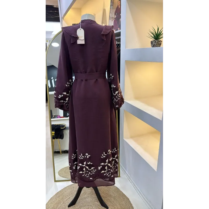 NUSS 2053 NAKİŞ DETAY ELBİSE- BORDO