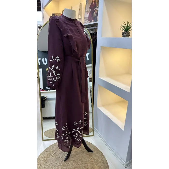 NUSS 2053 NAKİŞ DETAY ELBİSE- BORDO