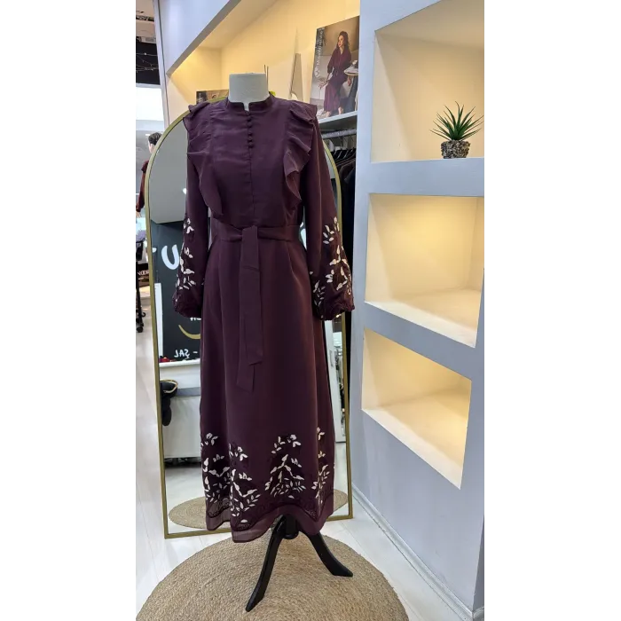 NUSS 2053 NAKİŞ DETAY ELBİSE- BORDO