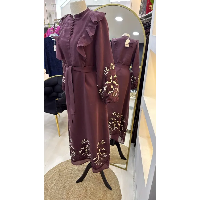 NUSS 2053 NAKİŞ DETAY ELBİSE- BORDO