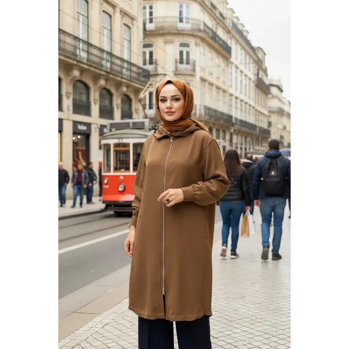 Misswhence Dikiş Detaylı Fermuarlı Kapüşonlu Kap 39406 KAHVE