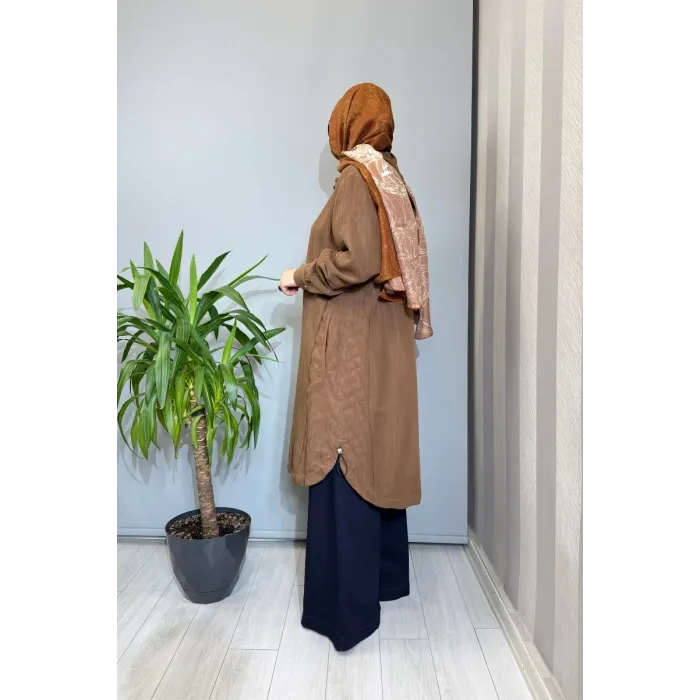 Misswhence Dikiş Detaylı Fermuarlı Kapüşonlu Kap 39406 KAHVE