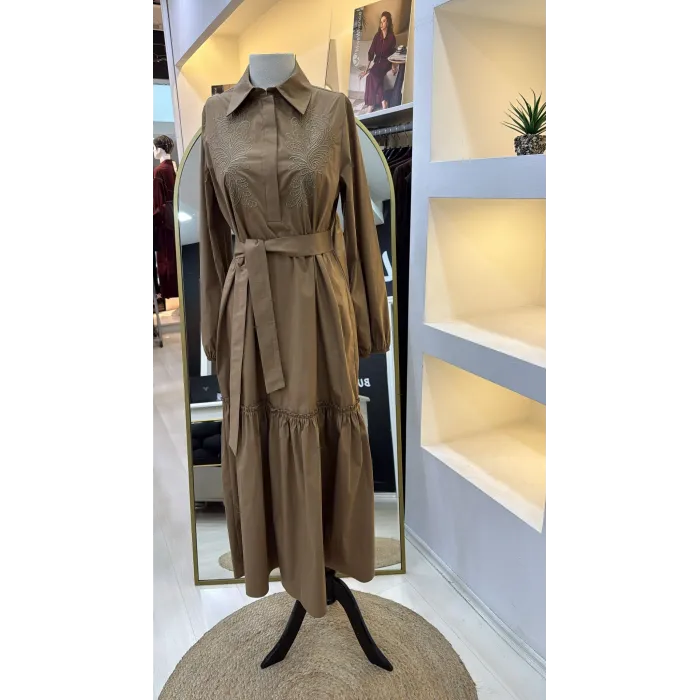 NUSS 2040 DESENLİ ELBİSE- CAMEL