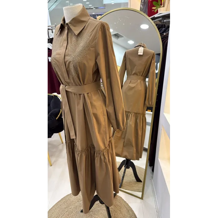 NUSS 2040 DESENLİ ELBİSE- CAMEL