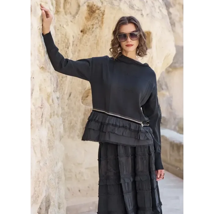 MİSSWHENCE Fermuar Detaylı Katlı Triko Tunik 40008 SİYAH