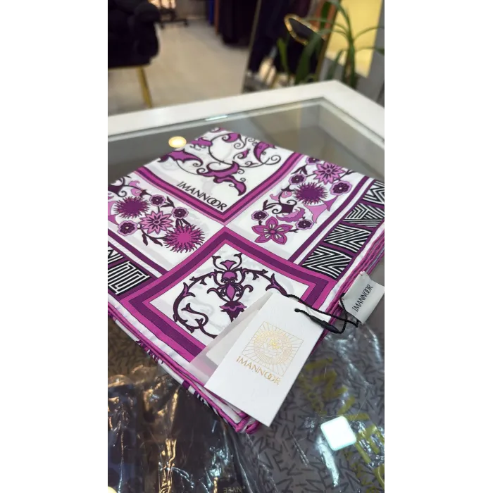 IMANNOOR çiçek desenli ekru fuşya eşarp 231 4016